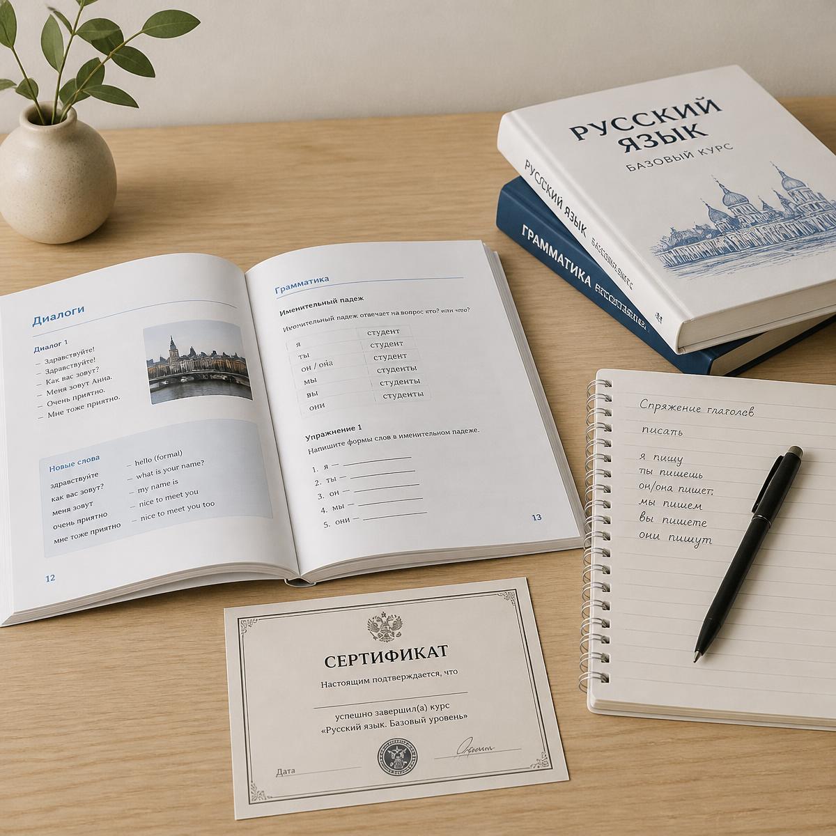 Russian language textbooks, notebook and certificate on a desk